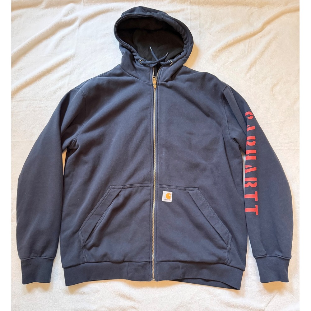 Carhartt Loose Fit Full Zip Hoodie Mens L Tall Navy Red Logo Workwear - READ